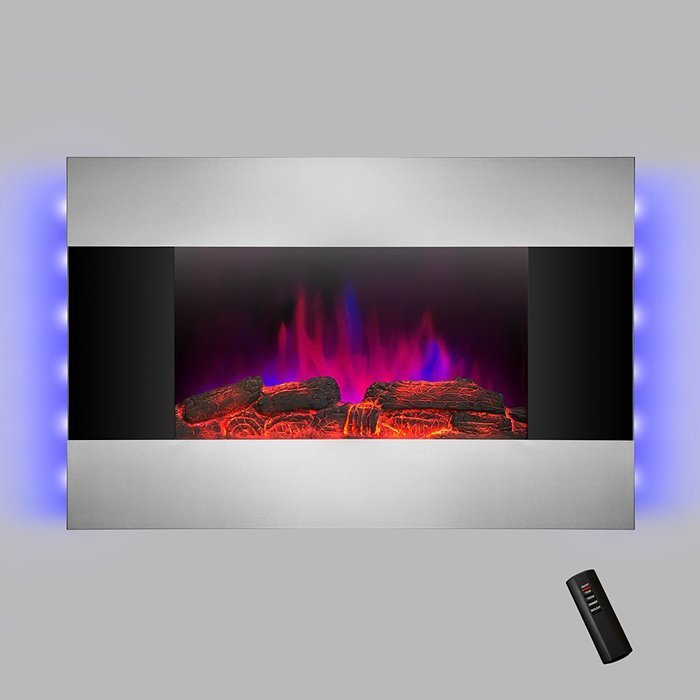 Golden Vantage 36" Wall Mount Electric Bedroom Heater Tempered Glass Fireplace w/ 3D Flame Log Set & Remote Control N3