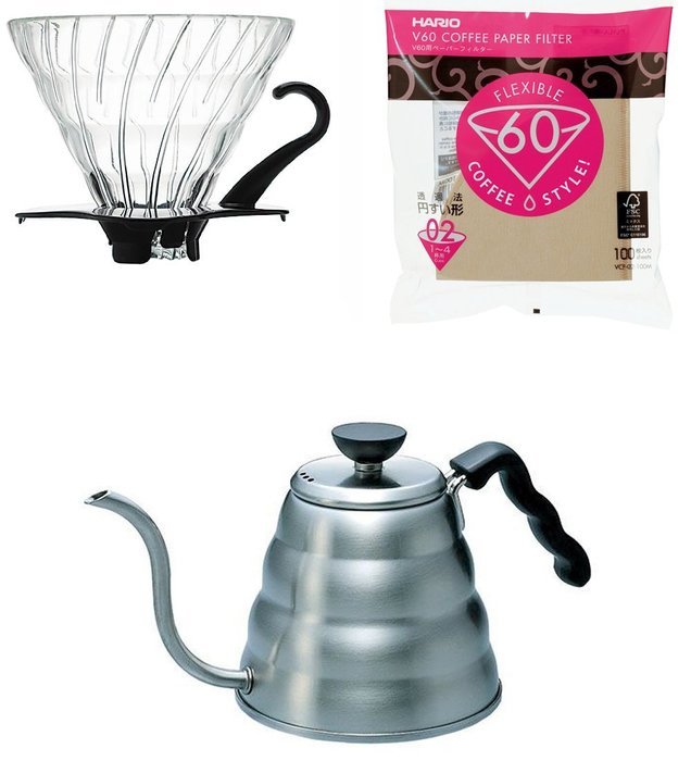 Hario V60 - 1.2 Liter Kettle, Glass Dripper, Spoon & 100 Filters All Sold Together N2