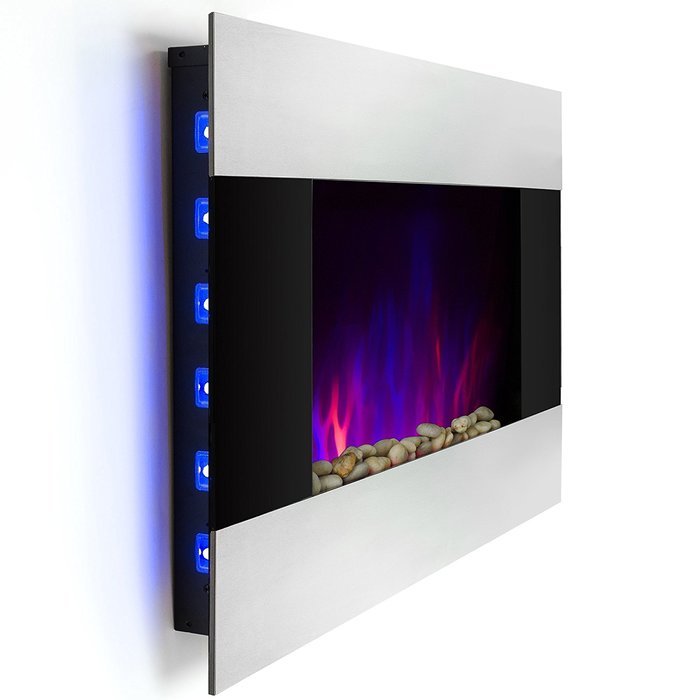 Golden Vantage 36" Wall Mount Electric Bedroom Heater Tempered Glass Fireplace w/ 3D Flame Log Set & Remote Control N6