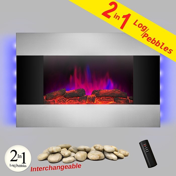 Golden Vantage 36" Wall Mount Electric Bedroom Heater Tempered Glass Fireplace w/ 3D Flame Log Set & Remote Control N9