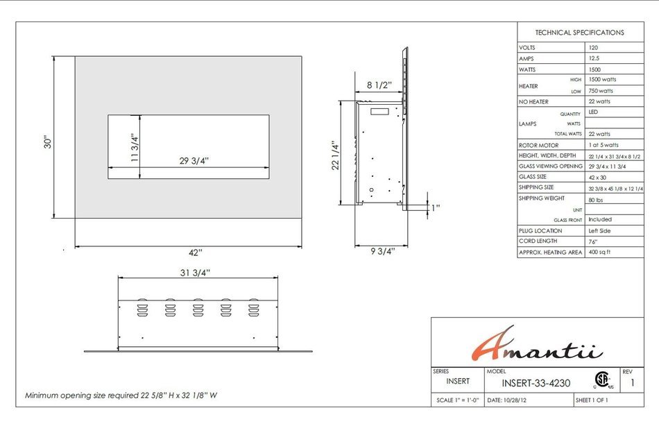 Amantii Insert Series Electric Fireplace, 33 Inch N7