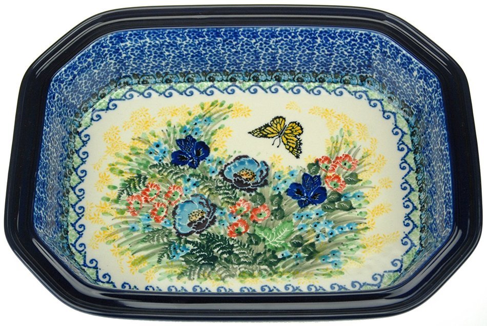 Ceramika Artystyczna Polish Hand Painted Baking Dish with Lid - 12" x 9.5" x 5" (Brown and Yellow Flowers) N6
