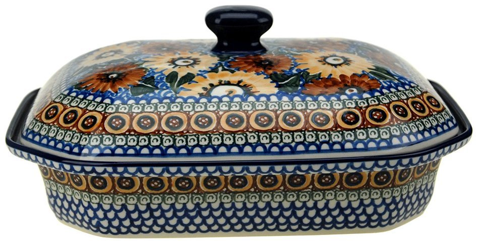 Ceramika Artystyczna Polish Hand Painted Baking Dish with Lid - 12" x 9.5" x 5" (Brown and Yellow Flowers) N7
