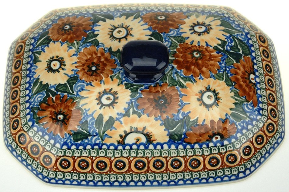 Ceramika Artystyczna Polish Hand Painted Baking Dish with Lid - 12" x 9.5" x 5" (Brown and Yellow Flowers) N8