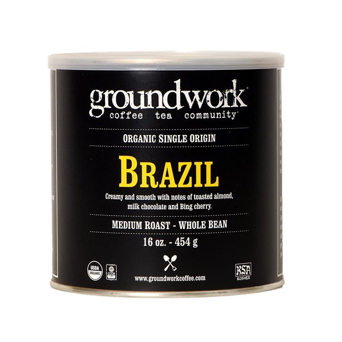 Groundwork Coffee, Organic Brazil, Whole Bean, 16-Ounce Cans (Pack of 2)