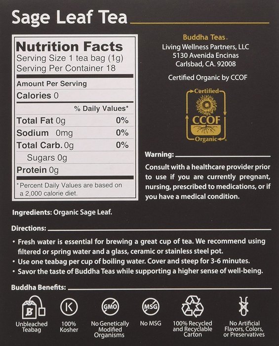 Sage Leaf Tea - Organic Herbs - 18 Bleach Free Tea Bags N3