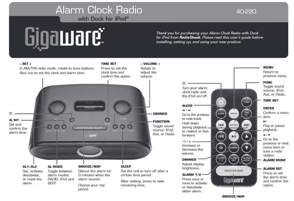 Gigaware Alarm Clock Radio with Dock for iPod - with Adjustable LCD ...