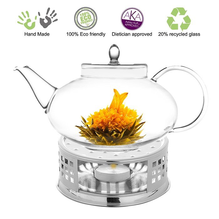 Teapot Set Flowering Tea Glass Teapot Gift Set Harmony 42 Oz / 1242 Ml with Stainless Steel Tea Warmer Alex Tea... N28