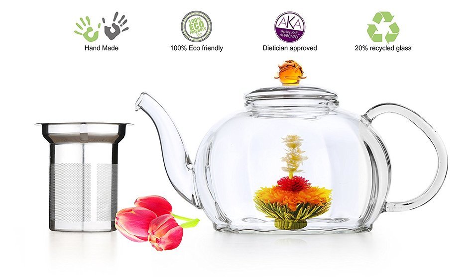 Teapot Set Flowering Tea Glass Teapot Gift Set Harmony 42 Oz / 1242 Ml with Stainless Steel Tea Warmer Alex Tea... N44