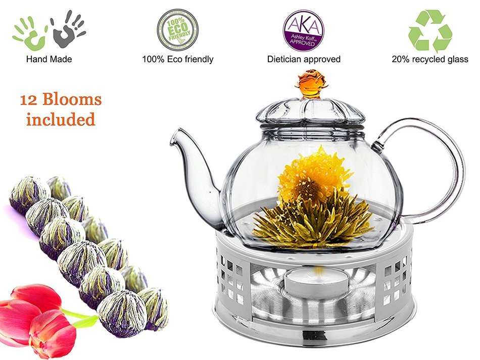 Teapot Set Flowering Tea Glass Teapot Gift Set Harmony 42 Oz / 1242 Ml with Stainless Steel Tea Warmer Alex Tea... N62