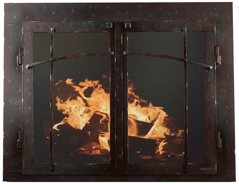 Ironhaus Iron Fireplace Glass Door with Gate Mesh with 4" Frame In Hammered Black Copper Finish, Craftsman Design...