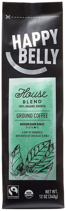 Happy Belly House Blend Organic Fairtrade Coffee, Medium Dark Roast, Ground, 12 ounce