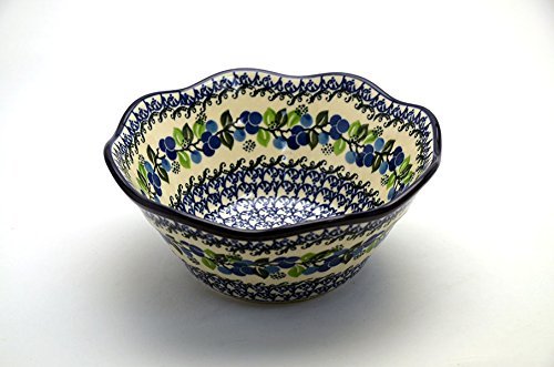 Polish Pottery Bowl - Curvy Edge - 8" - Blue Berries