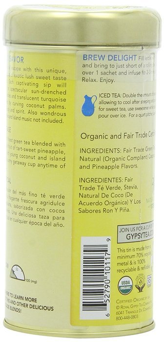 Zhena's Gypsy Tea, Coconut Rum Tropical Green Tea, 1.55 Oz, 22 Count Tea Sachets N5