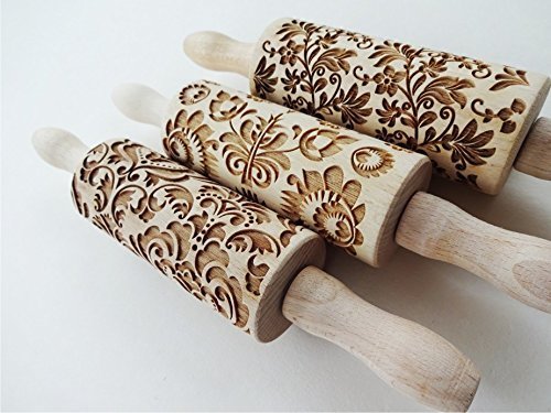 FLOWERS, 3 KIDS Rolling pin SET . Wooden Laser Cut Mini Rolling Pins for cookies, play dough, salt dough or clay N4