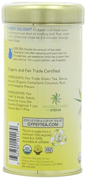 Zhena's Gypsy Tea, Coconut Rum Tropical Green Tea, 1.55 Oz, 22 Count Tea Sachets N6