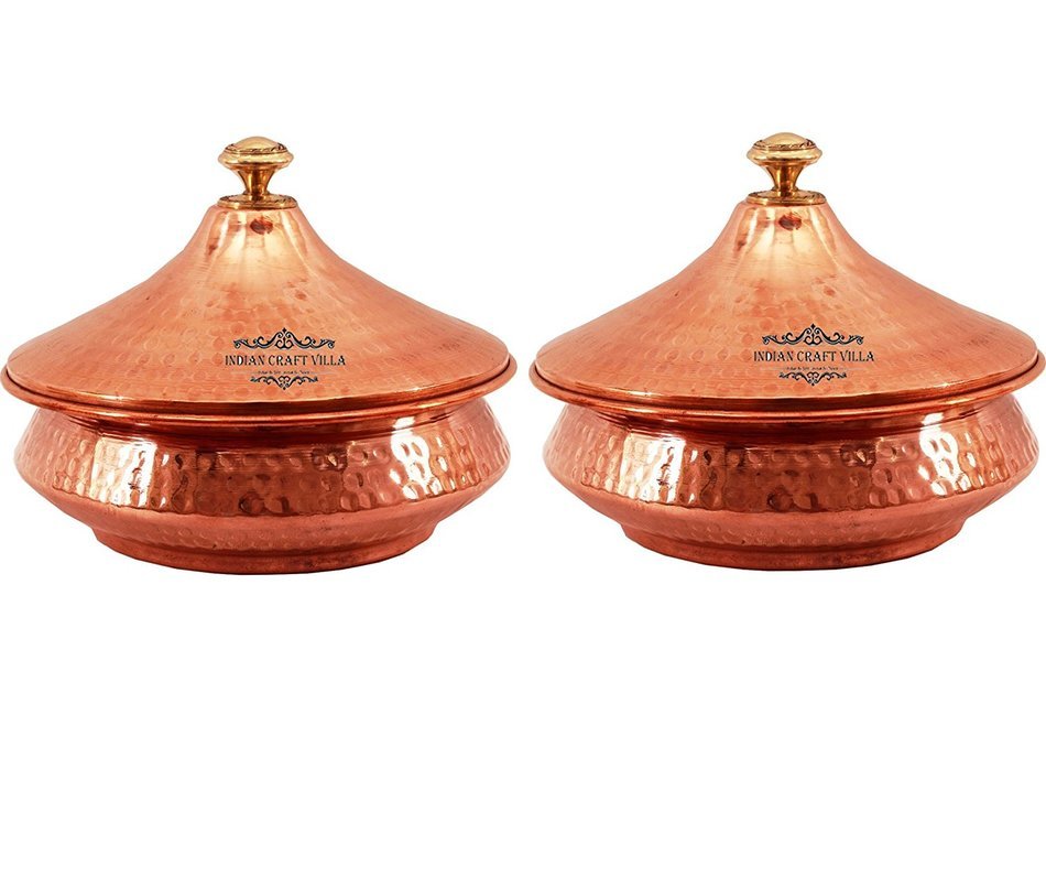 IndianCraftVilla 5.5" X 6.5" X 2.5" Handmade Steel Copper Set Of 2 Mughlai handi Volume 650 ML With Lid serving...