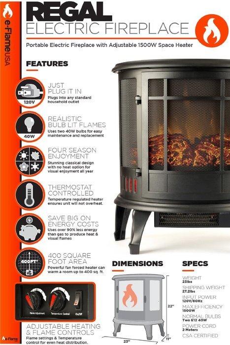 Regal Electric Fireplace - e-Flame USA 25 Inch Black Portable Electric Fireplace Stove with 1500W Space Heater... N2