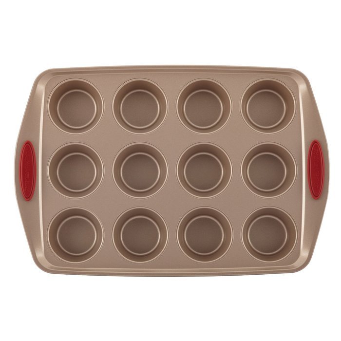 Rachael Ray 10-Piece Cucina Nonstick Bakeware Set, Latte Brown with Cranberry Red Handle