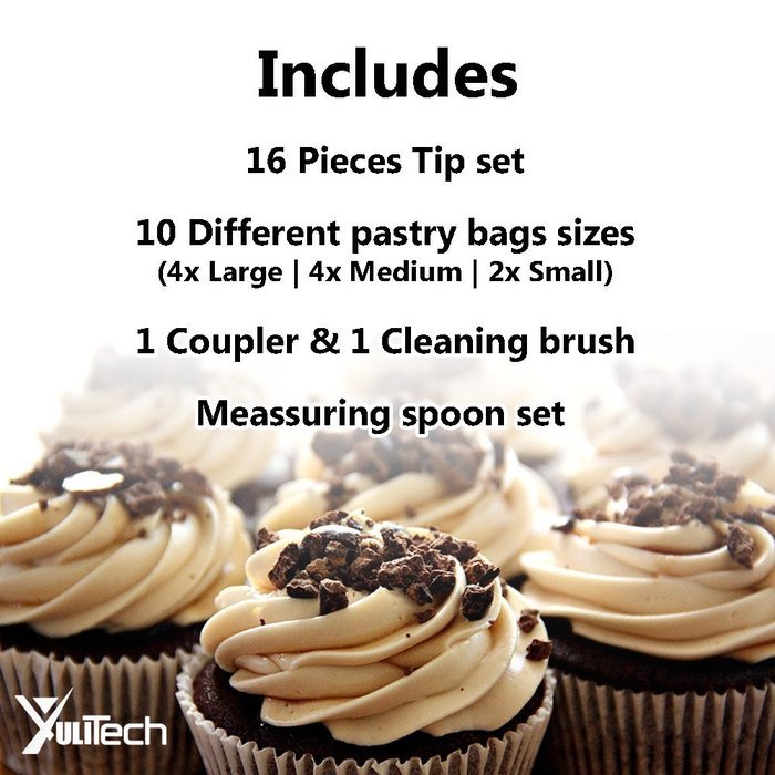 YuliTech Cake Decoration Tip Set, Including 16pcs Stainless Steel Icing Tip Set+10 Pastry Bags+1 coupler+ Measuring... N3