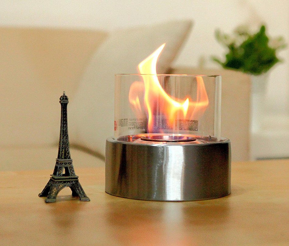 Fire Desire's Orbe Fireplace - Round Shape for Table Top, Stainless Steel Finish, Tempered Glass, Both Indoor...