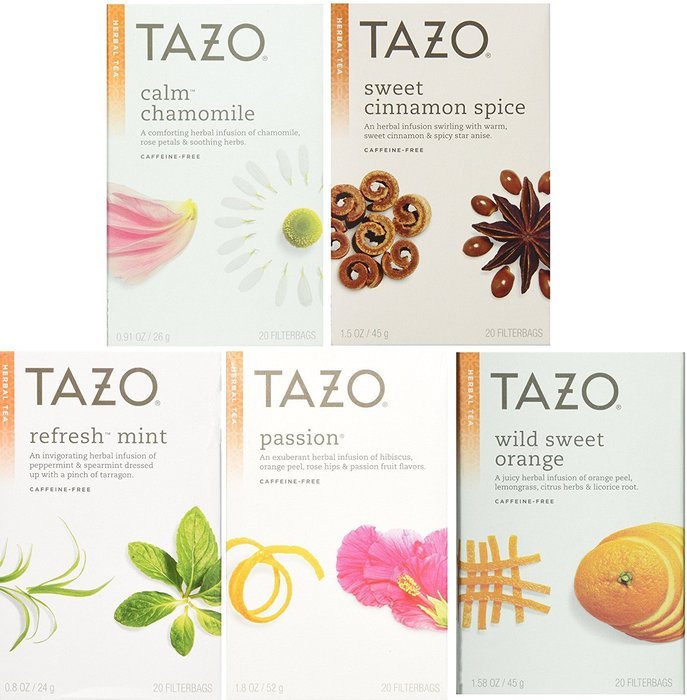 Tazo Herbal Tea 5 Flavor Variety Pack Sampler (Pack of 5, 100 Bags Total) N3