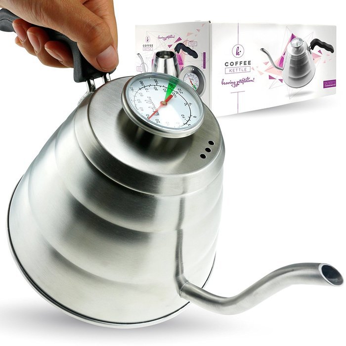 Pour Over Coffee Kettle with Thermometer - Gooseneck Drip Stainless Steel Stovetop Tea Pot (1L) N6
