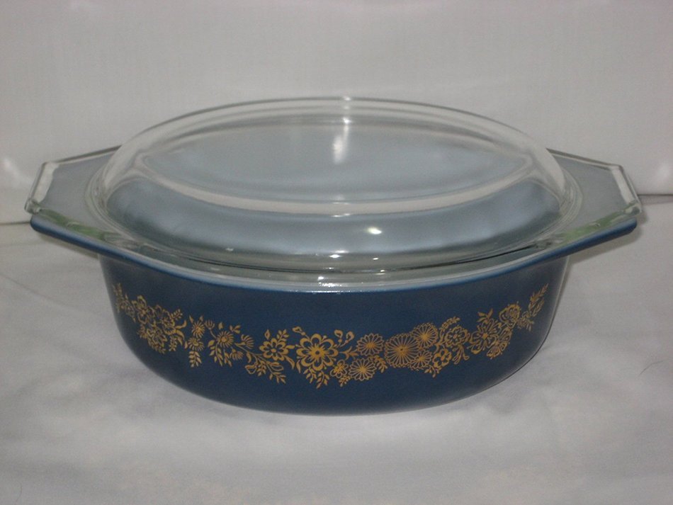 Vintage Pyrex Blue & Gold Golden Bouquet Promotional 1 1/2 Quart Baking Dish Casserole w/ Lid USA