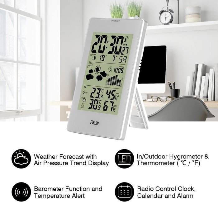 FanJu FJ3352 Wireless Digital Weather Forecast Station with Radio Control Clock and Barometer, Temperature and... N5