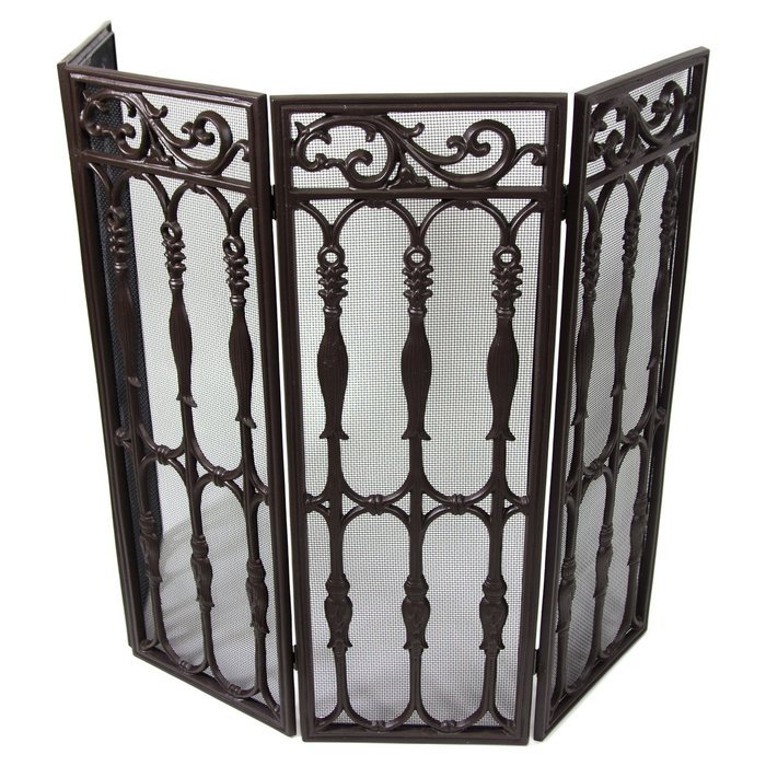 Westinghouse Wrought Iron 4-Panel Brown Fireplace Screen Mesh Decorative Scroll