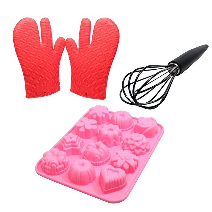 Silicone Bakeware Set - Brownie Mold Silicone, Silicone Gloves For Grill & Silicone Coated Whisk - 12 Cavity Bakeware...