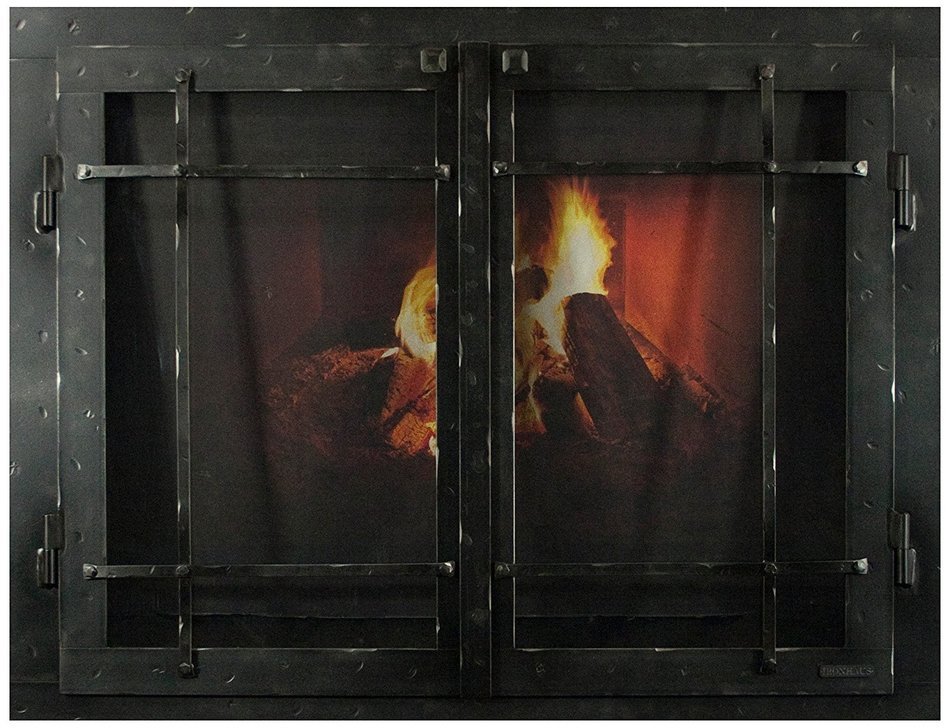 Ironhaus Iron Fireplace Glass Door with Gate Mesh with 2 1/2" Frame In Hammered Natural Finish, Mission Design...