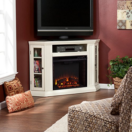 Electric Fireplace TV Stand Heater Corner Or Flat Free Standing Console Media Wooden Entertainment Center (Ivory) N12