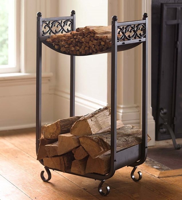 Compact Log Rack, Cast Iron with Scrollwork Design, in Black