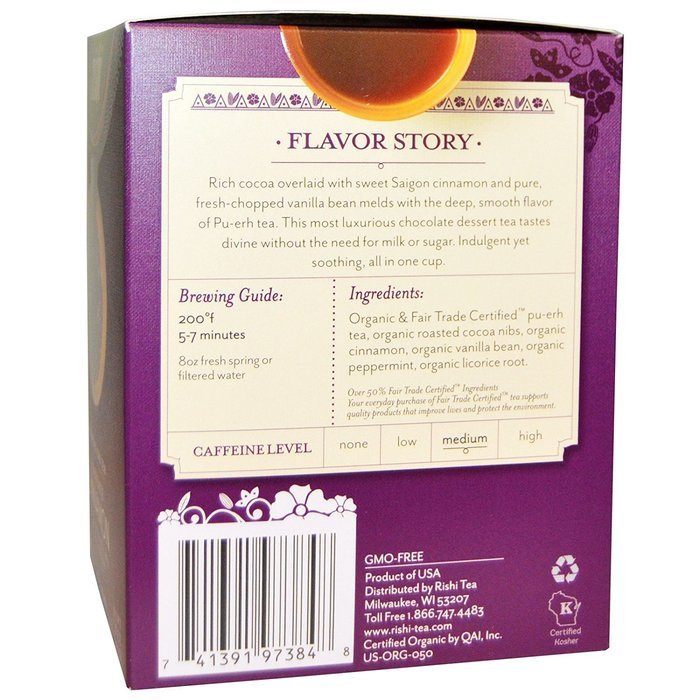 Rishi Tea Organic Pu-Erh Tea Chocolate Cinnamon -- 15 Tea Bags