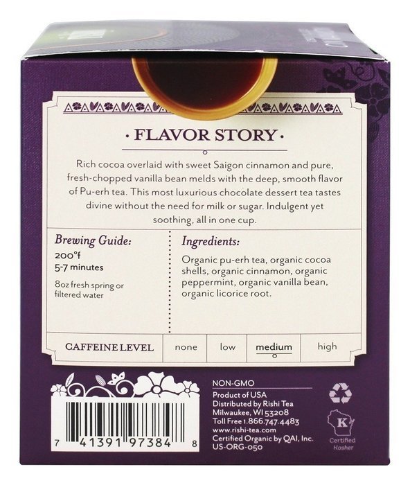 Rishi Tea Organic Pu-Erh Tea Chocolate Cinnamon -- 15 Tea Bags N2