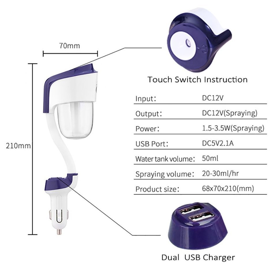 Car Air Humidifier and Aromatherapy Essential Oil Diffuser with Dual USB Purple N2
