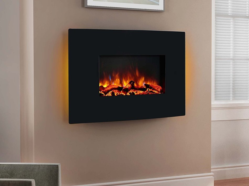 PuraFlame 36" Vivian Wall Mounted Curved Panel Electric Fireplace with Remote Control, 1500W, Black N5