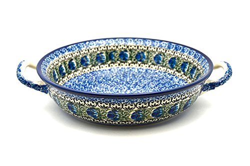 Polish Pottery Baker - Round with Handles - Medium - Peacock Feather