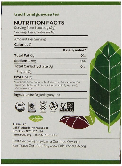 RUNA Clean Energy, Traditional Guayusa Tea, 16-Count Tea Bags