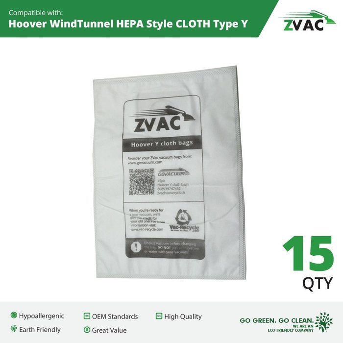 15 Hoover WindTunnel HEPA Style CLOTH Type Y Vacuum Bags - Allergen filtration with Closure - Similar To Hoover... N3