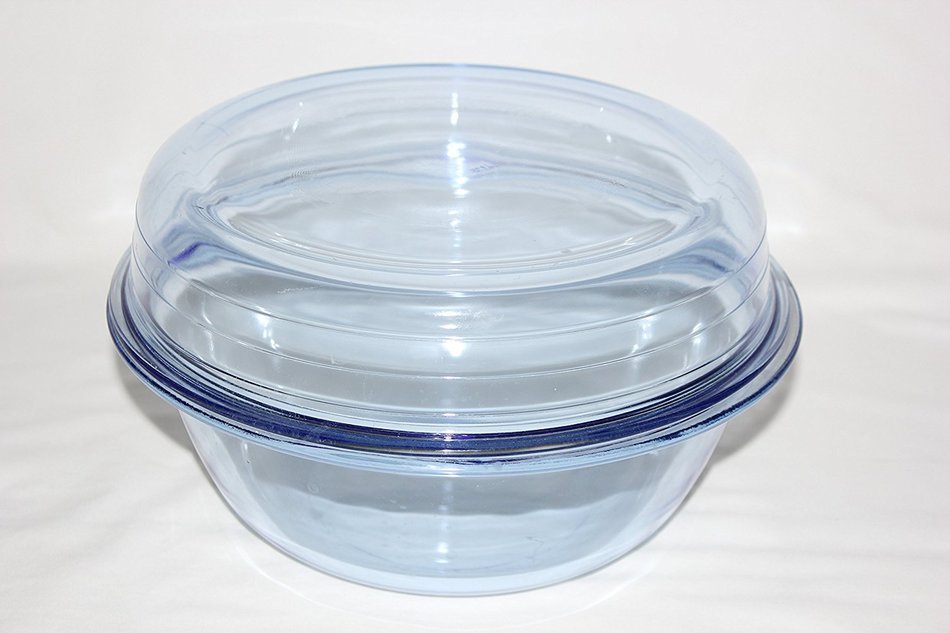 Vintage Blue Glass Casserole Baking Dish w/ Pie Plate Lid 11" X 6 1/2" N2