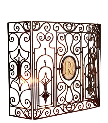 Ornate Monogrammed Chateau Iron and Marble Fireplace Screen