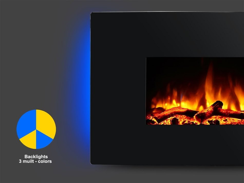 PuraFlame 36" Vivian Wall Mounted Curved Panel Electric Fireplace with Remote Control, 1500W, Black N7