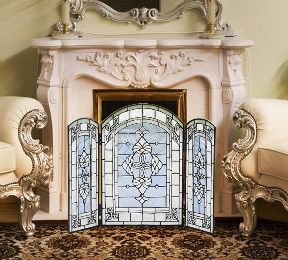 Makenier Vintage Tiffany Style Stained Art Glass Decorative 3-panel Fireplace Folding Screen Firewall