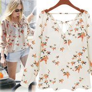 AIMTOPPY Women Summer Casual Floral Printed Long Sleeve Tether Blouse Chiffon T-Shirt (S, White) N3