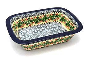 Polish Pottery Baker - Rectangular with Grip Lip - Holly Berry