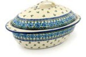 Polish Pottery Baker with Cover 16-inch Blue Poppy Chain N3