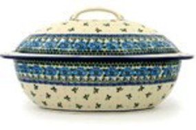 Polish Pottery Baker with Cover 16-inch Blue Poppy Chain N4