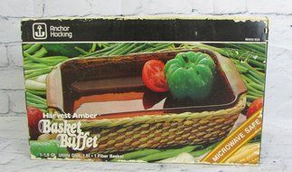 Vintage Anchor Hocking Harvest Amber Basket Buffet 1.5qt Glass Baking Dish